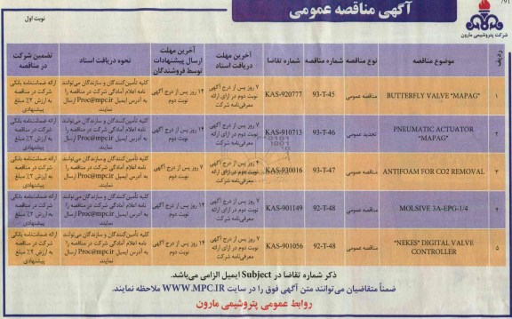 آگهی مناقصه عمومی , مناقصه BUTTERFLY VALVE MAPAG  و ... 
