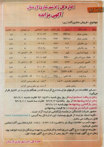 آگهی مزایده, مزایده  فروش ماشین آلات 