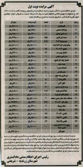 آگهی مزایده, مزایده دسته شیر گاز و ...