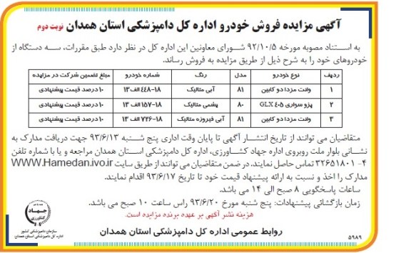 مزایده , مزایده فروش سه دستگاه خودرو