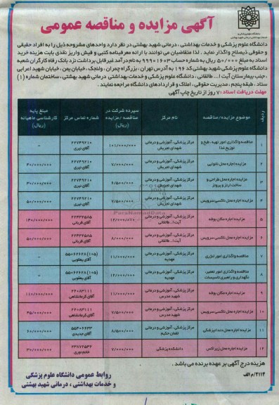 مزایده و مناقصه عمومی , مزایده و مناقصه عمومی واگذاری امور تهیه ، طبخ و توزیع غذا و اجاره محل نانوایی 