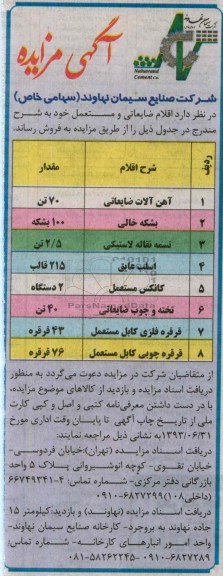 آگهی مزایده, مزایده اقلام ضایعاتی و مستعمل 