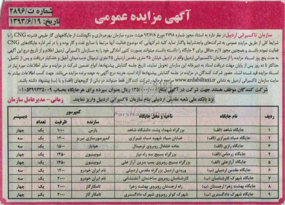 آگهی مزایده عمومی,مزایده بهره برداری و نگهداشت از جایگاههای گاز طبیعی فشرده CNG