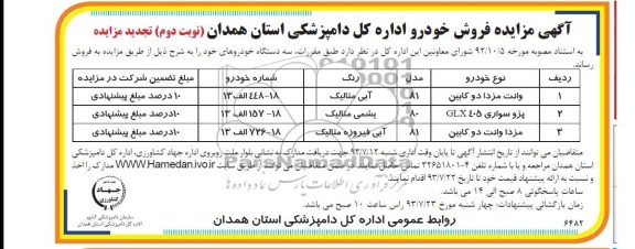 تجدید مزایده , تجدید مزایده فروش سه دستگاه خودرو