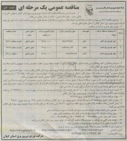 مناقصه عمومی یک مرحله ای , مناقصه اصلاح و بهینه و احداث شبکه فشار ضعیف هوایی 