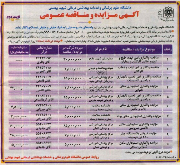 آگهی مزایده,مزایده  واگذاری امور تهیه، طبخ و توزیع غذای کارکنان و بیماران