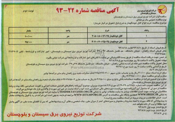 مناقصه , مناقصه خرید انواع کابل خودنگهدار 