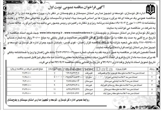 آگهی فراخوان مناقصه عمومی, مناقصه  احداث مدرسه