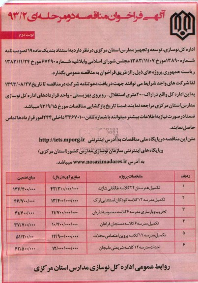 آگهی فراخوان مناقصه دو مرحله ای, مناقصه تکمیل هنرستان و ...