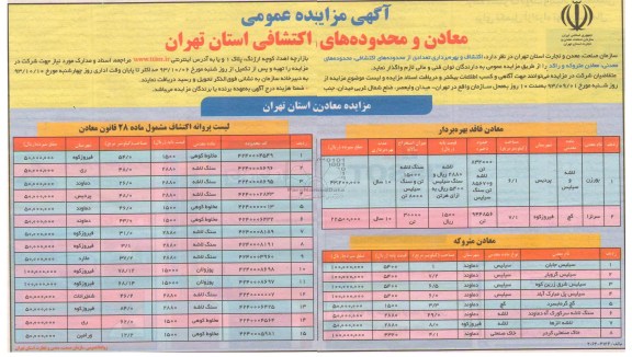 آگهی مزایده عمومی ,مزایده معادن و محدوده های اکتشافی استان تهران