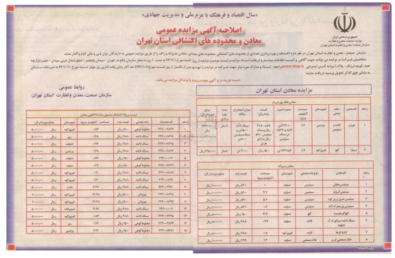 اصلاحیه آگهی مزایده عمومی ,اصلاحیه مزایده معادن و محدوده های اکتشافی استان تهران