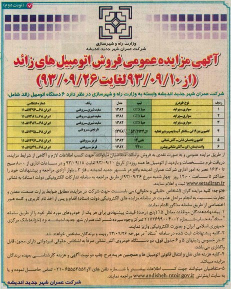 آگهی مزایده عمومی , مزایده 6 دستگاه اتومبیل زائد 