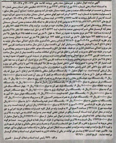 مزایده اموال منقول و غیرمنقول , مزایده اموال منقول و غیرمنقول یک دستگاه جرثقیل سقفی