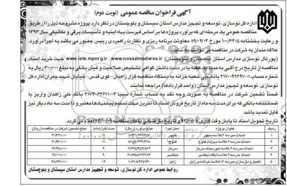 آگهی فراخوان مناقصه عمومی, مناقصه احداث مدرسه 6 کلاسه