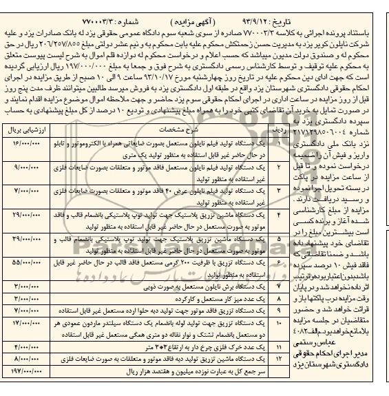 آگهی مزایده , مزایده فروش یک دستگاه تولید فیلم نایلون 