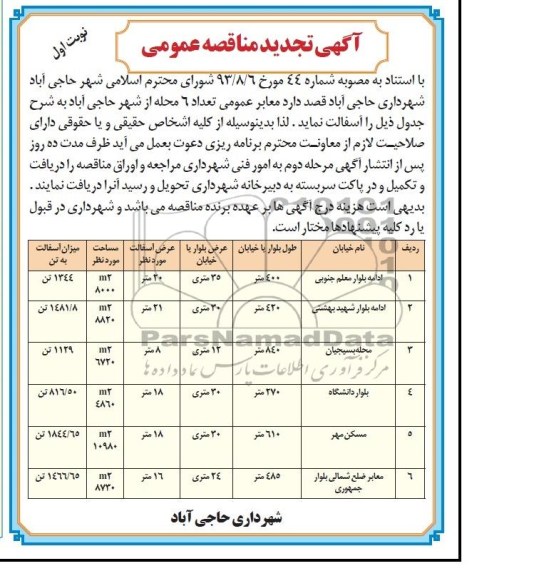 آگهی تجدید مناقصه عمومی , مناقصه معابر عمومی تعداد 6 محله از شهر 