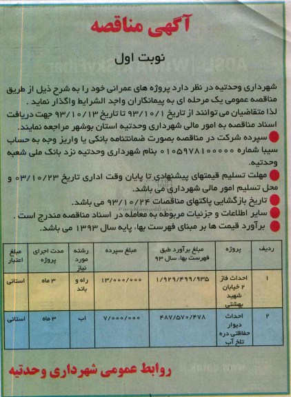 آگهی مناقصه, مناقصه احداث فاز 2 خیابان 