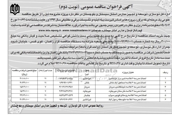 آگهی فراخوان مناقصه عمومی, مناقصه احداث مدرسه 6 کلاسه 