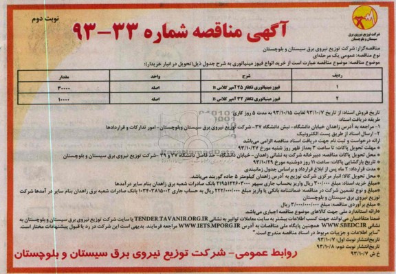 آگهی مناقصه , مناقصه فیوز مینیاتوری