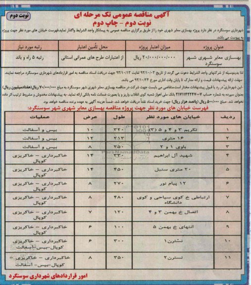 آگهی مناقصه عمومی تک مرحله ای,مناقصه پروژه بهسازی معابر شهری  