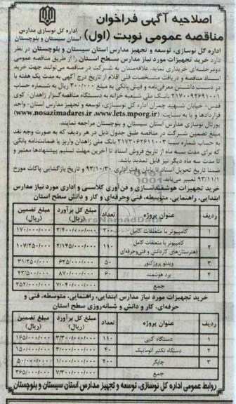 اصلاحیه آگهی فراخوان مناقصه عمومی, مناقصه کامپیوتر با متعلقات کامل