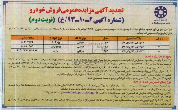 تجدید آگهی مزایده عمومی,تجدید مزایده فروش خودرو