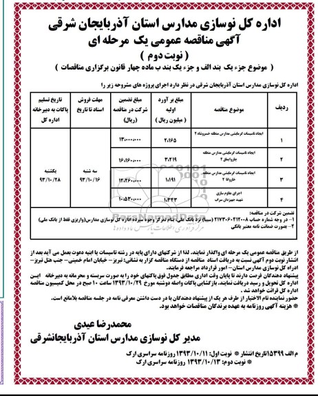 آگهی مناقصه عمومی یک مرحله ای , مناقصه ایجاد تاسیسات گرمایشی مدارس منطقه