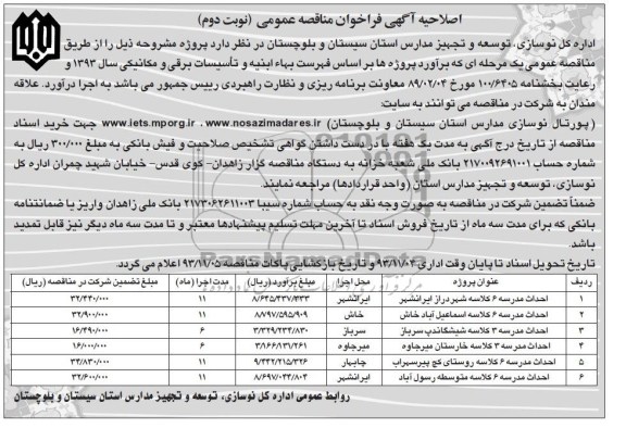 اصلاحیه آگهی فراخوان مناقصه عمومی, اصلاحیه مناقصه احداث مدرسه 6 کلاسه 