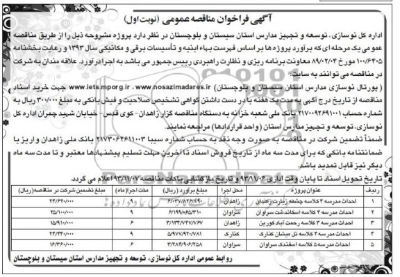 آگهی فراخوان مناقصه عمومی, مناقصه احداث مدرسه 4 کلاسه 