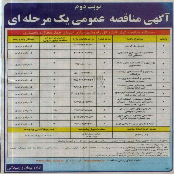 آگهی مناقصه عمومی یک مرحله ای , مناقصه تعریض پل ..