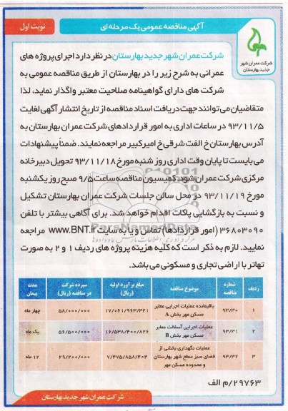 آگهی مناقصه عمومی یک مرحله ای , مناقصه باقیمانده عملیات اجرایی معابر مسکن مهر بخش A