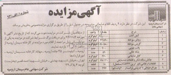 آگهی مزایده,مزایده 9 ردیف اقلام ضایعاتی