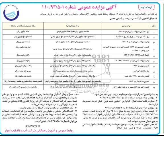 مزایده عمومی , مزایده عمومی تعداد 11 دستگاه وسائط نقلیه و ماشین آلات سنگین راهسازی