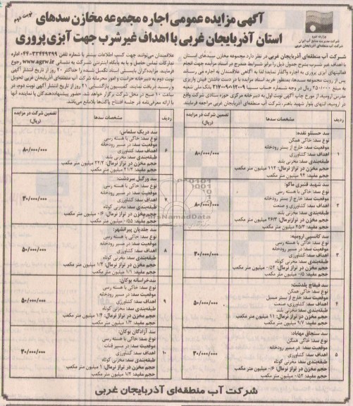 آگهی مزایده ,مزایده  اجاره مجموعه مخازن سدهای استان آذربایجان غربی 