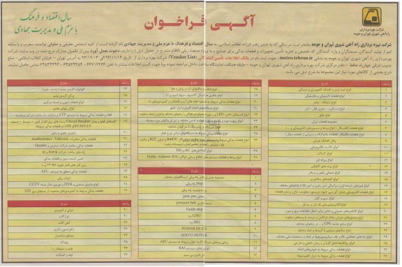 فراخوان , فراخوان تامین تجهیزات و قطعات یدکی برای صنایع 