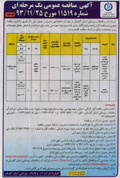 اگهی مناقصه عمومی یک مرحله ای , مناقصه مجتمع آبرسانی 