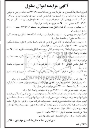 مزایده اموال منقول , مزایده اموال منقول دو باب در ورودی آپارتمان با قفل بدون دستگیره