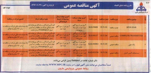آگهی مناقصه عمومی,مناقصه SPUR GEAR