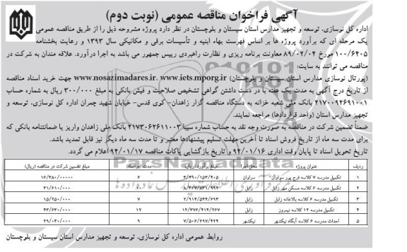 آگهی فراخوان مناقصه عمومی, مناقصه تکمیل مدرسه 7 کلاسه 