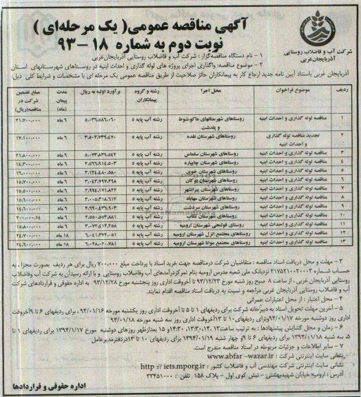 آگهی مناقصه عمومی یک مرحله ای, مناقصه لوله گذاری و احداث ابنیه