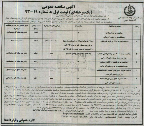 مناقصه , مناقصه خرید لوله ، اتصالات ، تابلو برق ، کنتورهای حجمی و لوله های فولادی جدار چاه 