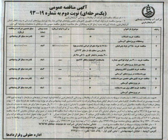 مناقصه , مناقصه خرید لوله ، اتصالات ، تابلو برق ، کنتورهای حجمی و لوله های فولادی جدار چاه 