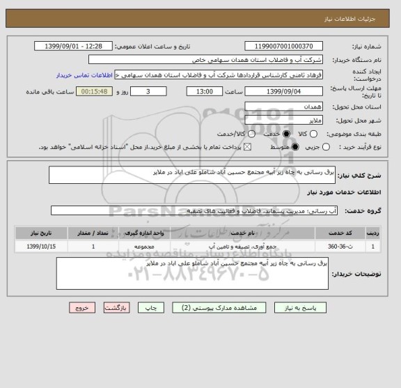 استعلام برق رسانی به چاه زیر آبیه مجتمع حسین آباد شاملو علی اباد در ملایر 