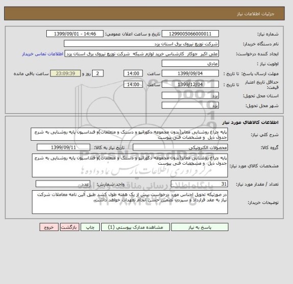 استعلام پایه چراغ روشنایی معابر(بدون مجموعه دکوراتیو و دستک و متعلقات)و فنداسیون پایه روشنایی به شرح جدول ذیل  و مشخصات فنی پیوست