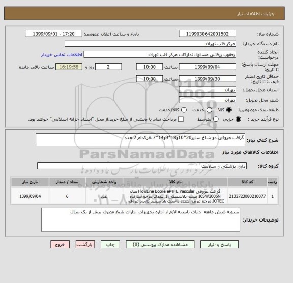 استعلام گرافت عروقی دو شاخ سایز20*10و18*9و14*7 هرکدام 2 عدد