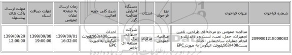 مناقصه عمومی دو مرحله ای طراحی، تامین تجهیزات، حمل، نصب، تست و راه‌اندازی و انجام عملیات ساختمانی احداث پست63/400کیلوولت الیگودرز به صورت EPC