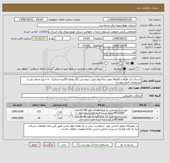 استعلام دستک یک طرفه و 2طرفه جهت پایه روشنایی با پوشش رنگ پودری الکترو استاتیک  به شرح جدول ذیل و مشخصات فنی پیوست