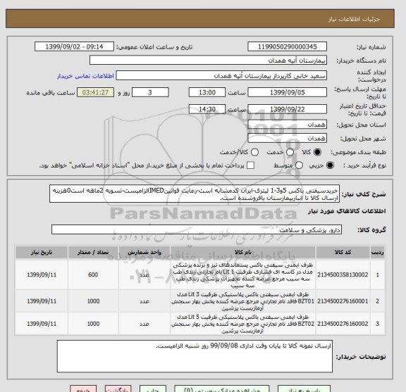 استعلام خریدسیفتی باکس 5و3-1 لیتری-ایران کدمشابه است-رعایت قوانینIMEDالزامیست-تسویه 2ماهه است0هزینه ارسال کالا تا انباربیمارستان بافروشنده است.