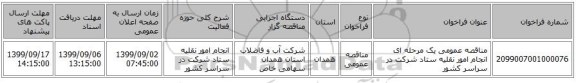 مناقصه عمومی یک مرحله ای انجام امور نقلیه ستاد شرکت در سراسر کشور 