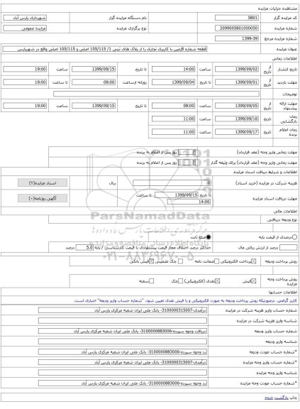 قطعه شماره 8زمین با کاربری تجاری را از پلاک های ثبتی 1/ 105/115 اصلی و 105/115 اصلی واقع در شهرپارس